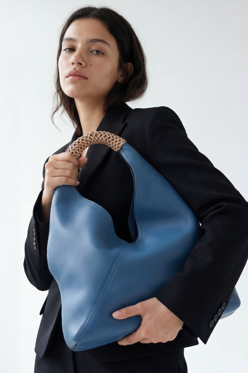 Sac Hobo Femme en Cuir PU Bleu avec Anse Tressée