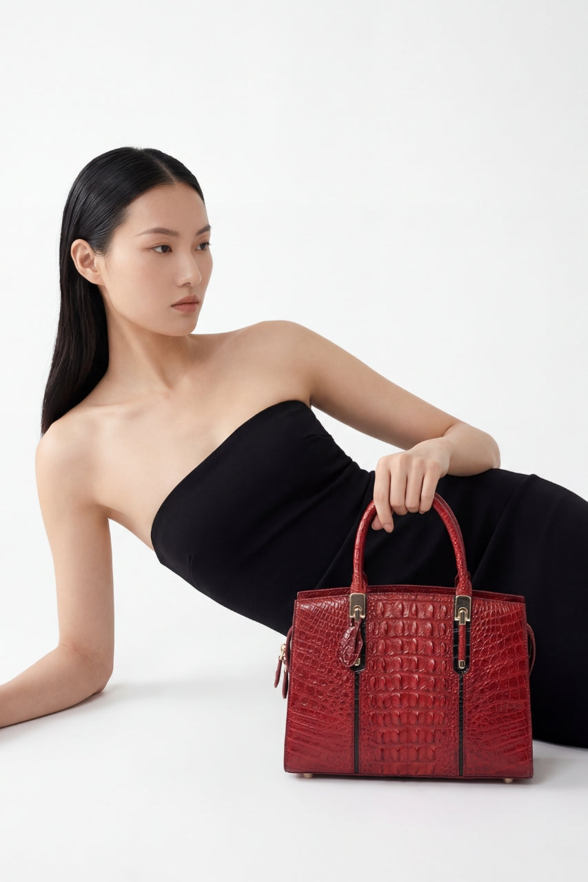 Sac à main designer en cuir véritable crocodile noir pour femme – Style européen élégant