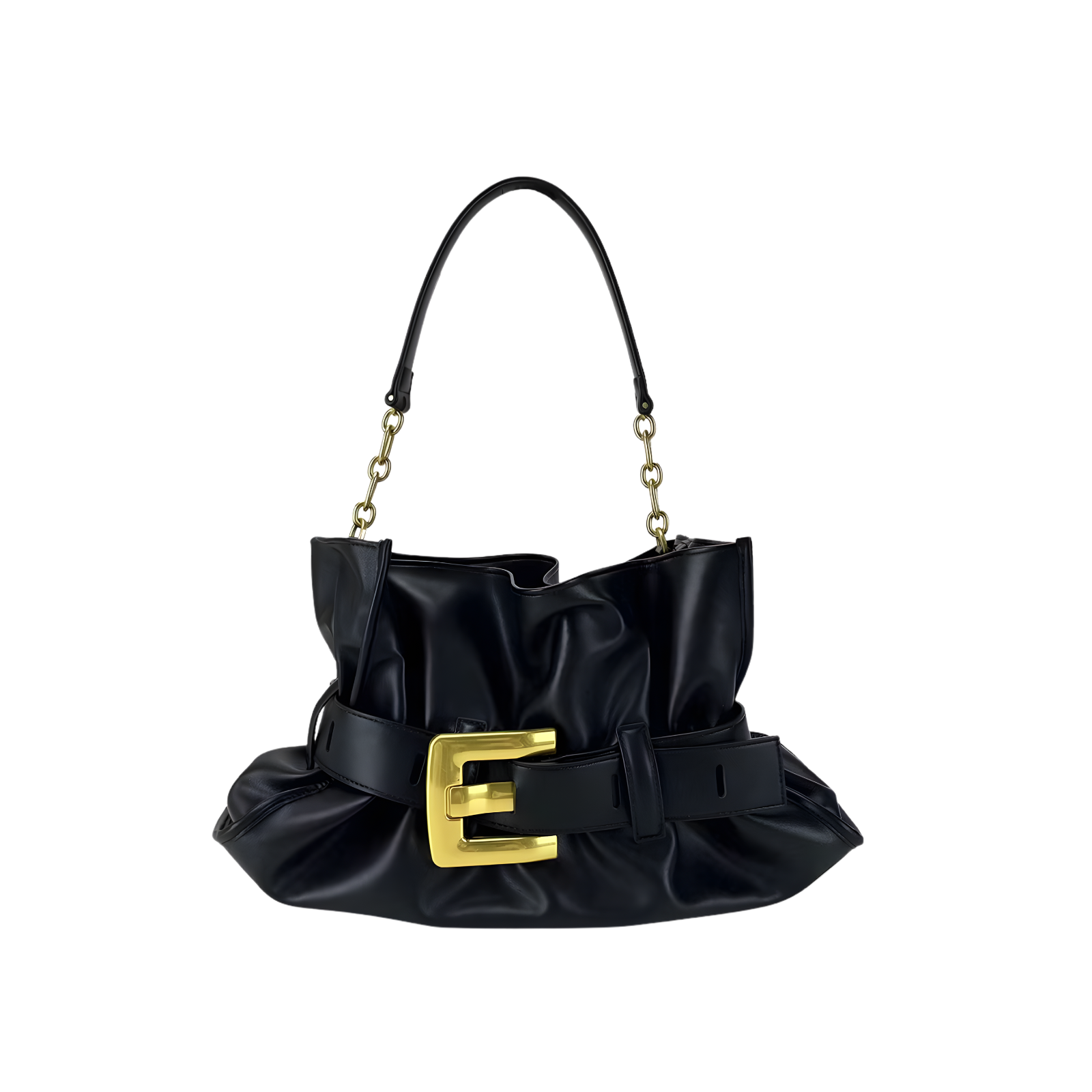 Sac à bandoulière chic en cuir PU noir avec boucle ceinture dorée