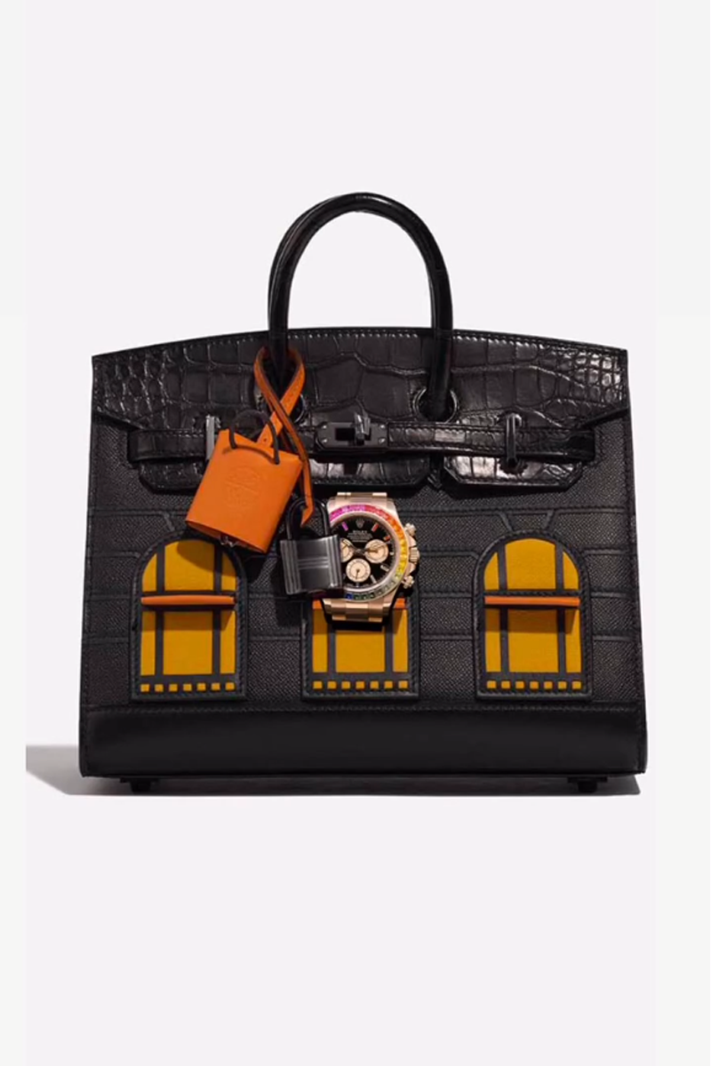 Œuvre d’art et d’artisanat « Sac en crocodile noir à décor architectural et montre sertie »