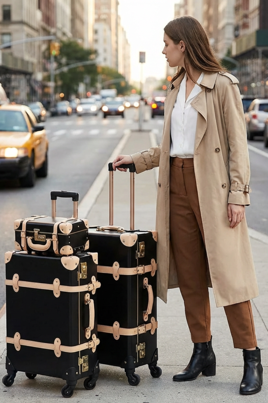 Genuine leather trolley suitcase with wheels