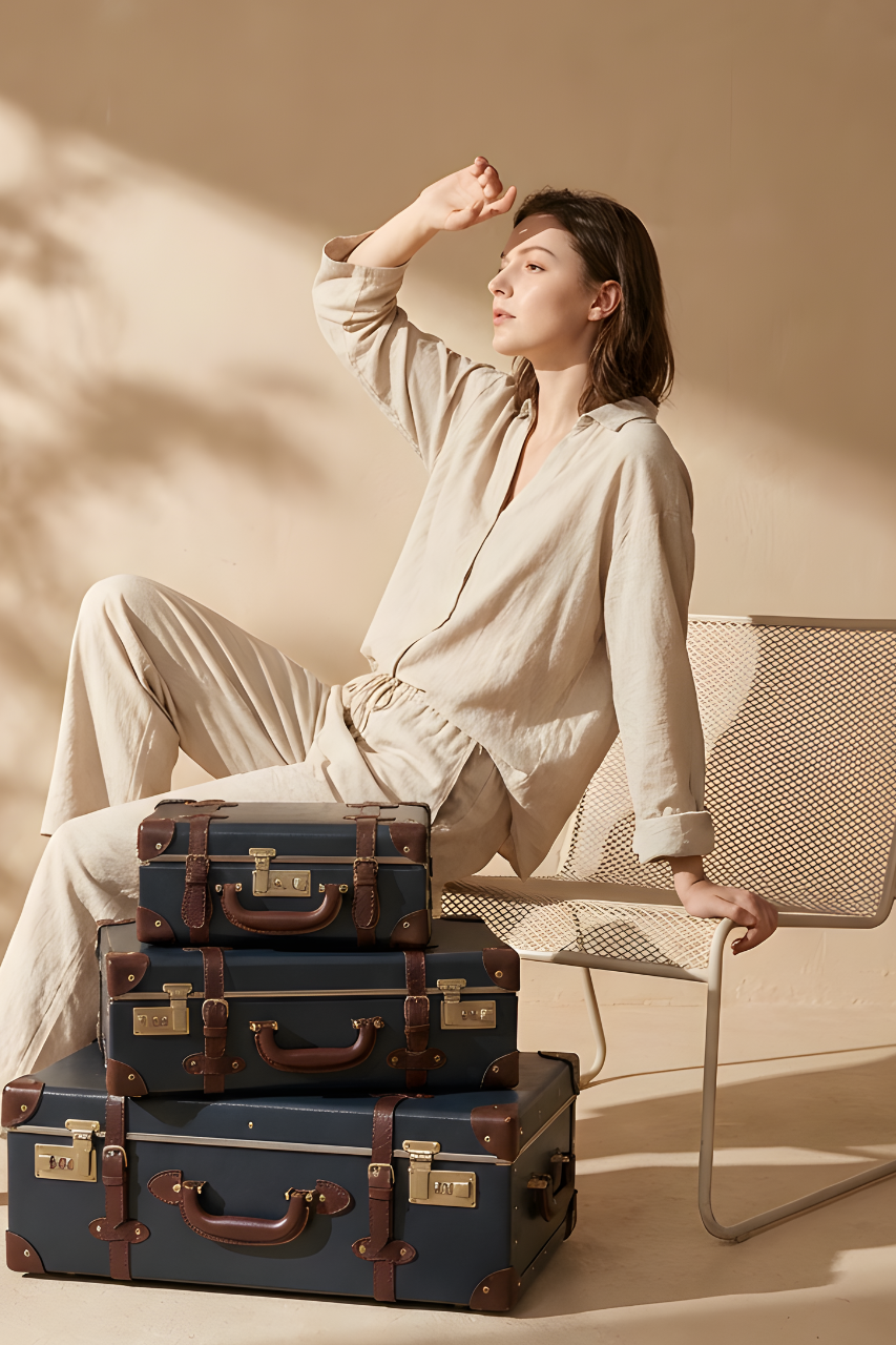 Genuine leather trolley suitcase with wheels