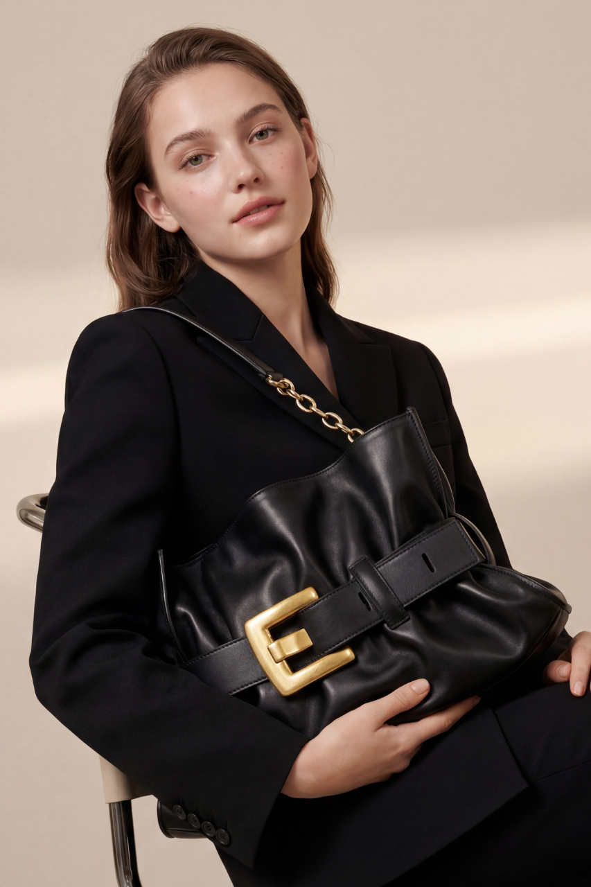 Sac à bandoulière chic en cuir PU noir avec boucle ceinture dorée