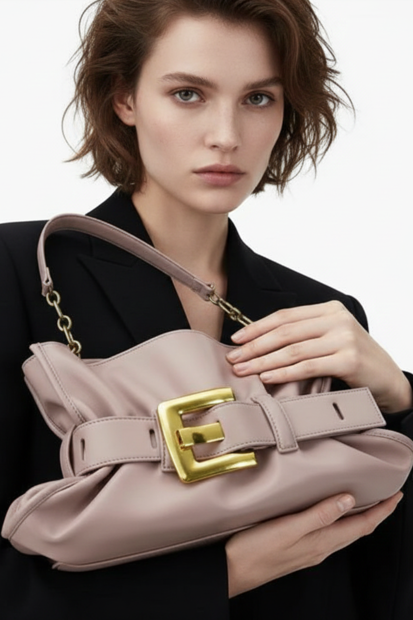 Sac à bandoulière chic en cuir PU noir avec boucle ceinture dorée