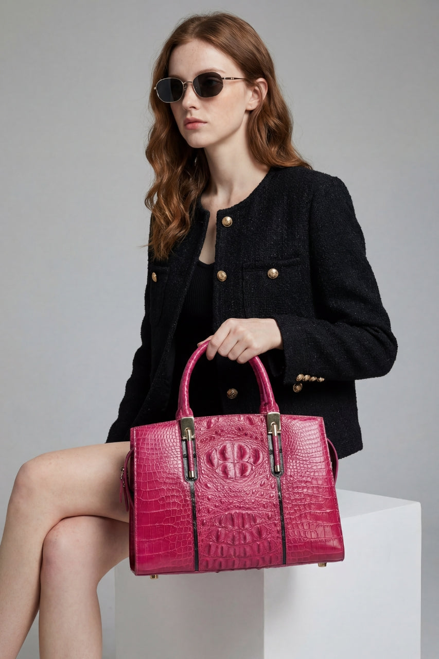 Sac à main designer en cuir véritable crocodile noir pour femme – Style européen élégant