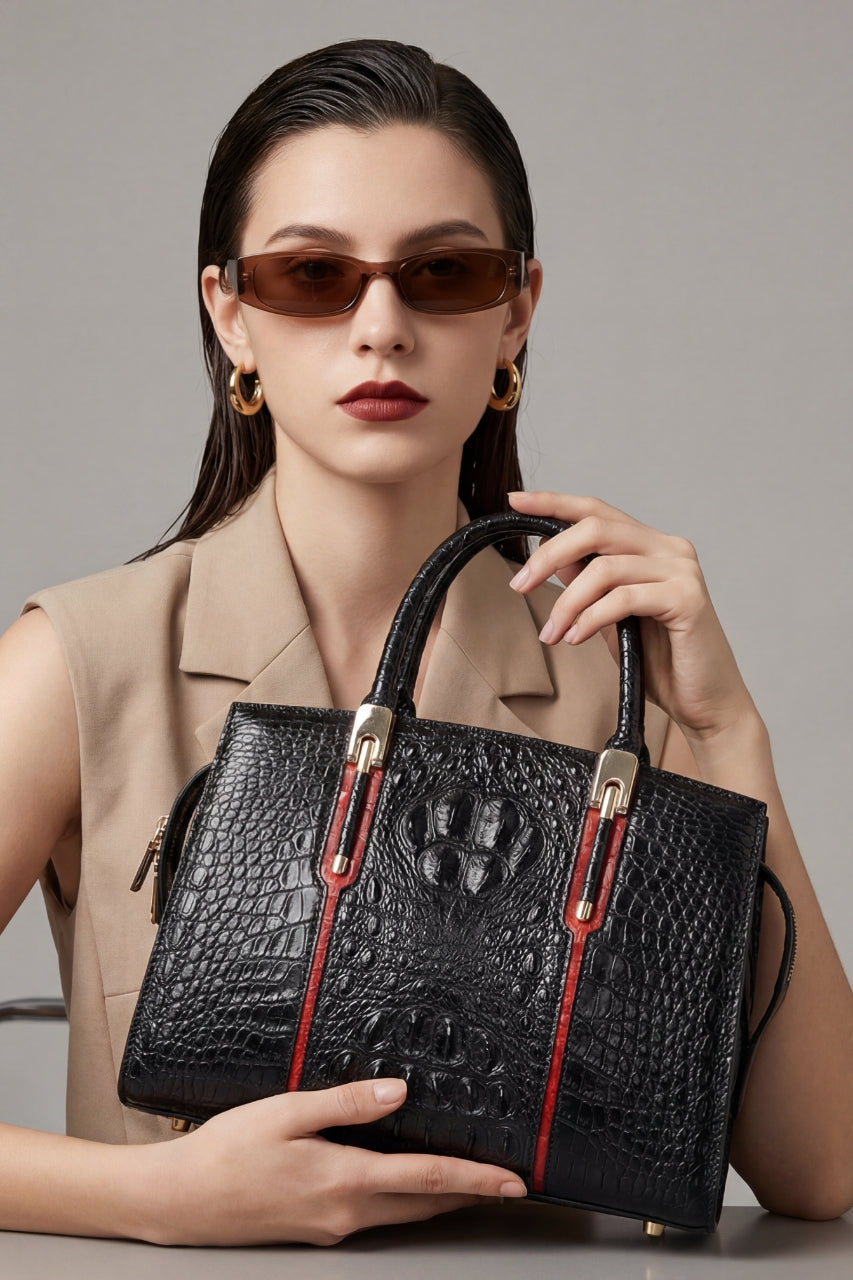 Sac à main designer en cuir véritable crocodile noir pour femme – Style européen élégant