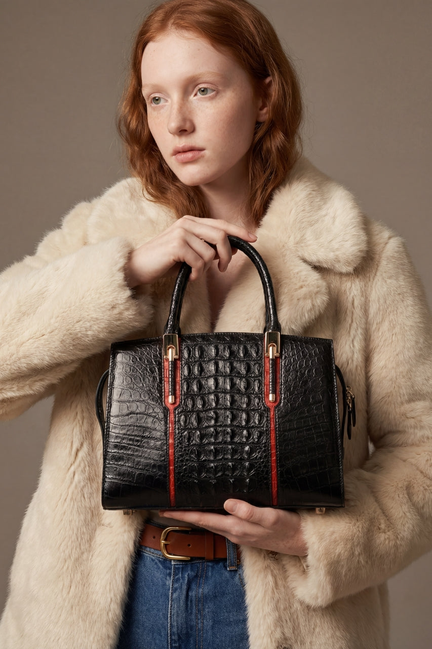Sac à main designer en cuir véritable crocodile noir pour femme – Style européen élégant