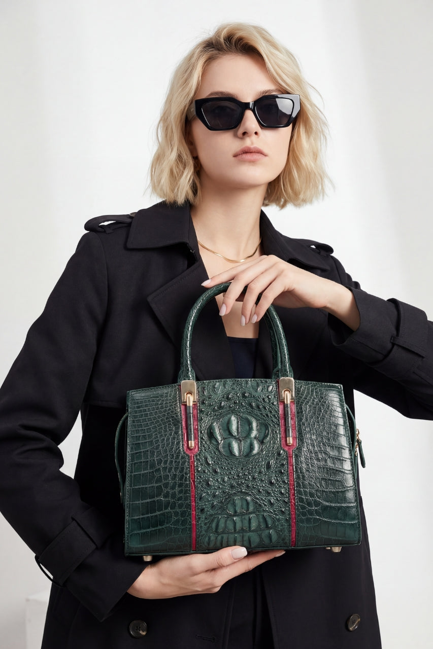 Sac à main designer en cuir véritable crocodile noir pour femme – Style européen élégant