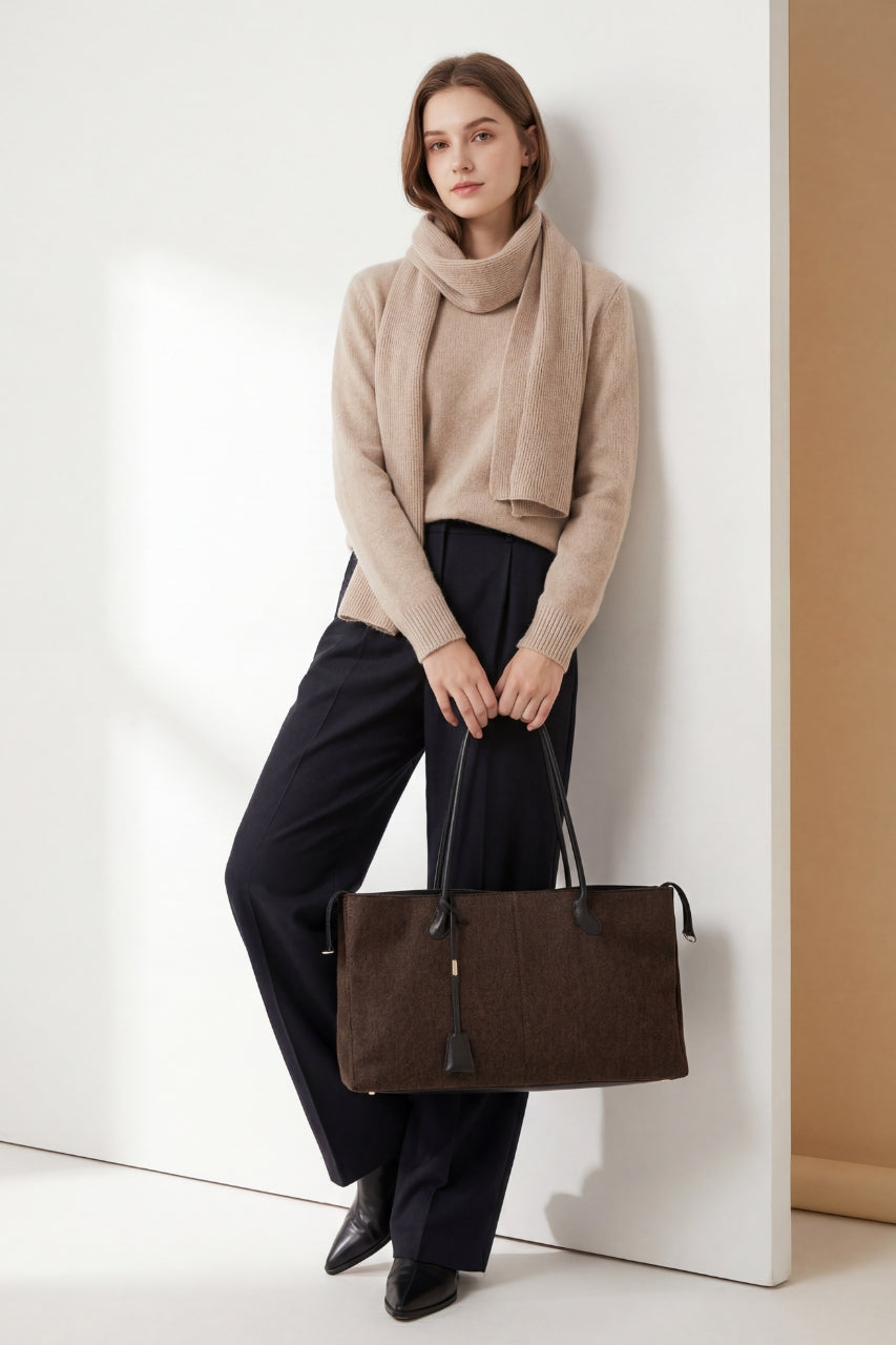 Sac cabas premium en laine et cuir de mouton pour femme – Style européen