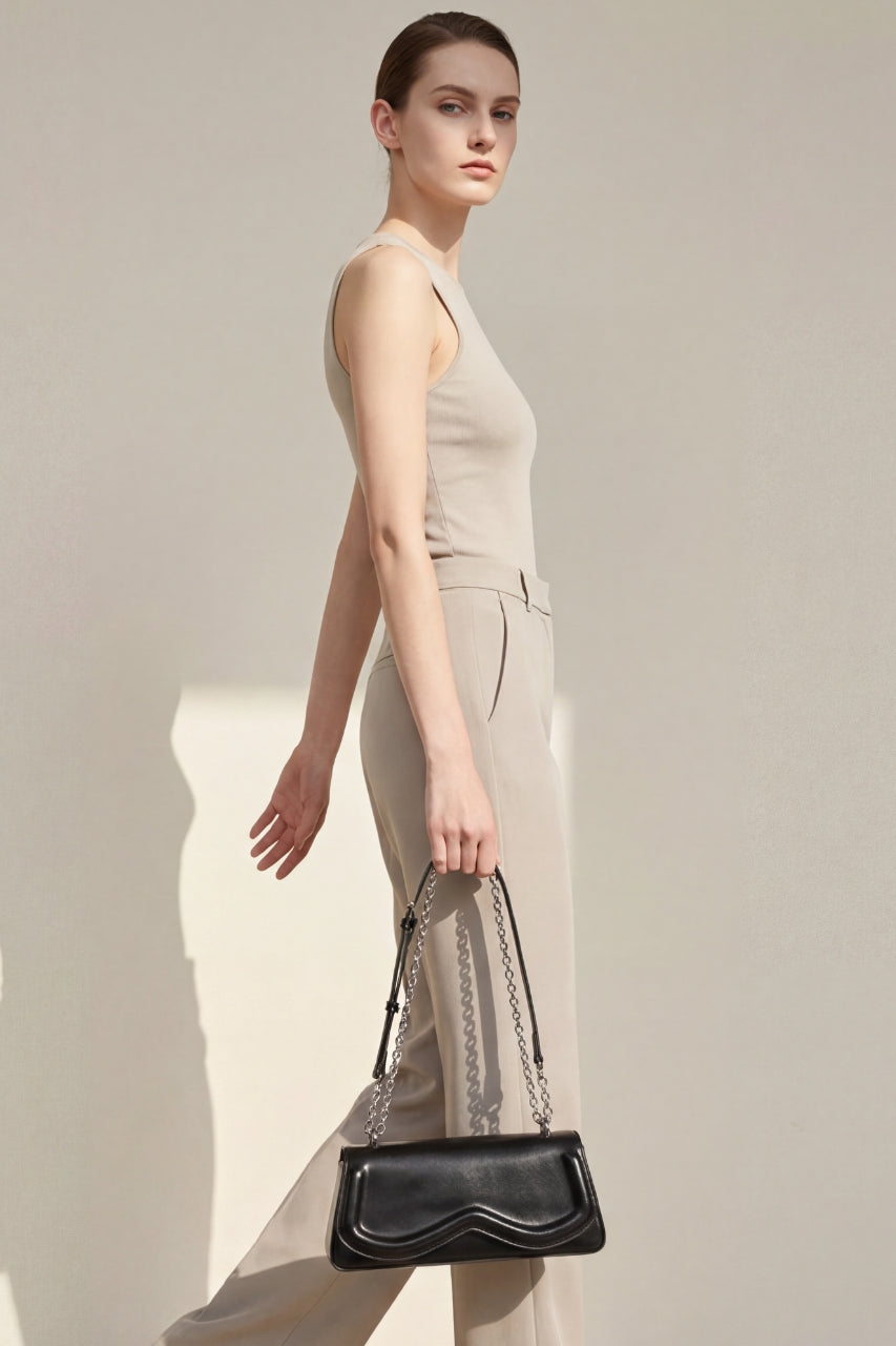 Sac à bandoulière chic en cuir PU noir pour femme – Chaîne élégante et design moderne