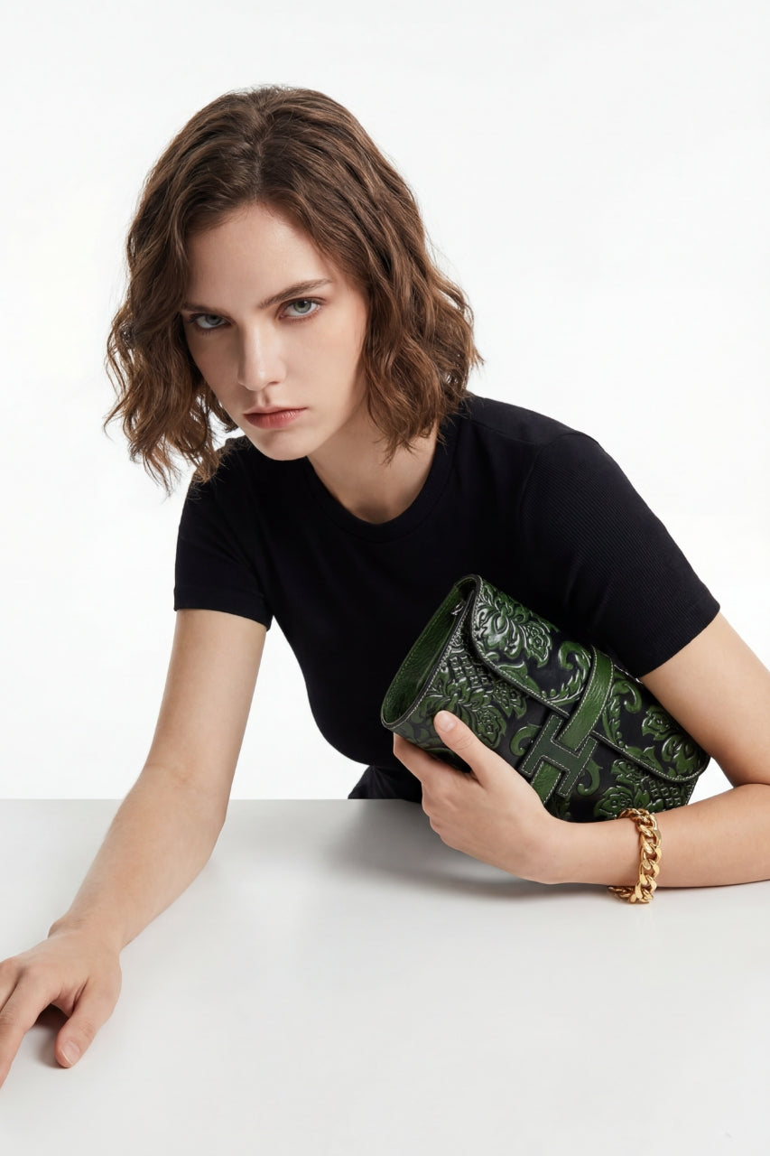 BANGKOK, pochette en cuir véritable fait main – Style rétro avec fleurs embossées