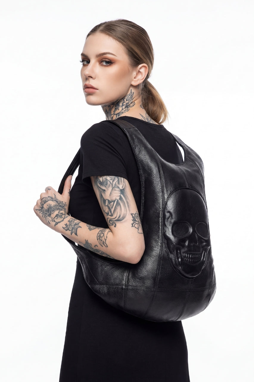 Sac à dos punk en cuir PU noir avec tête de mort embossée