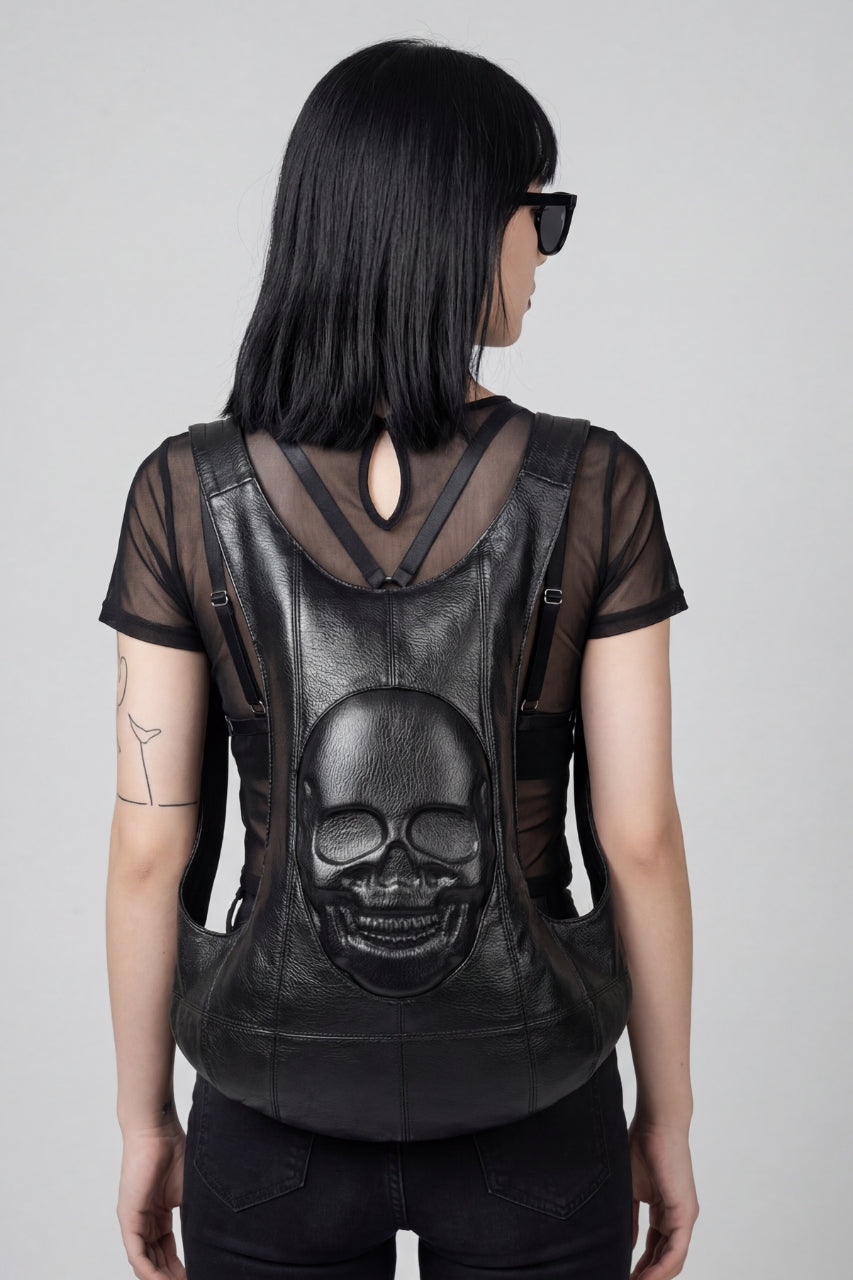 Sac à dos punk en cuir PU noir avec tête de mort embossée
