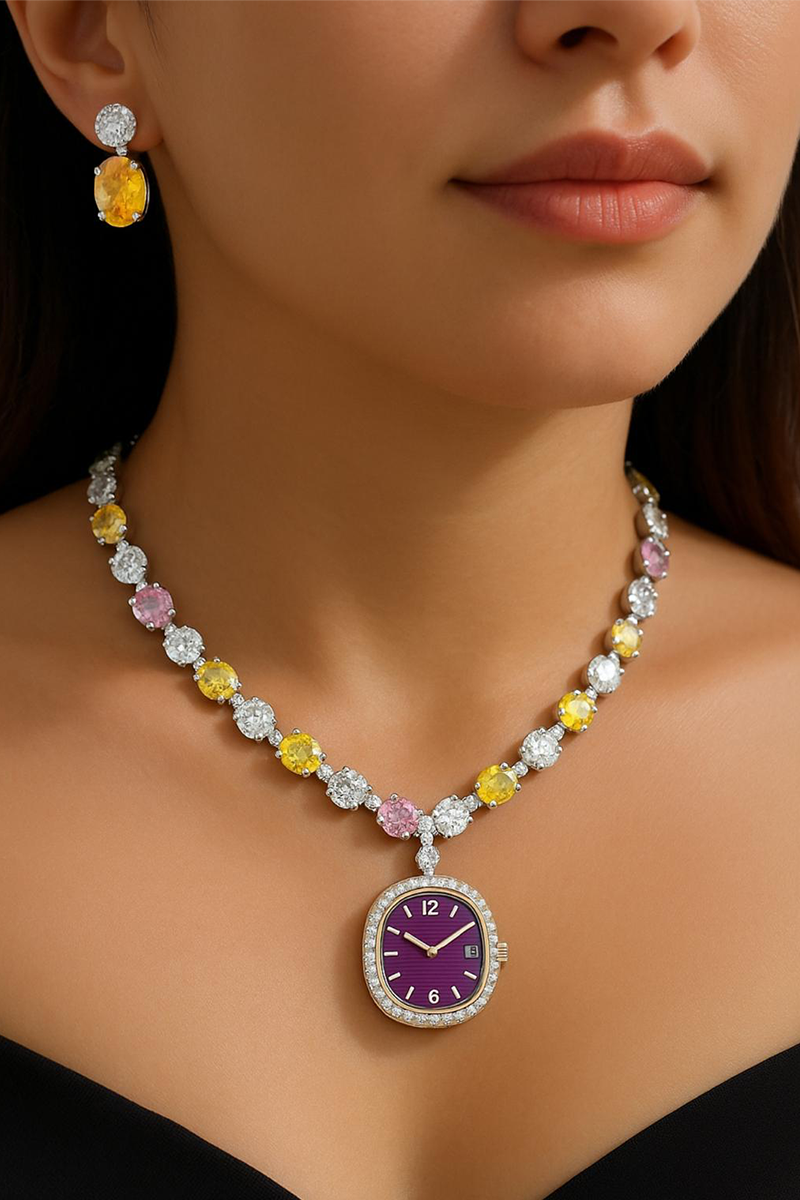 Collier Pastel Éternel « Ronde de pierres précieuses et montre intégrée »