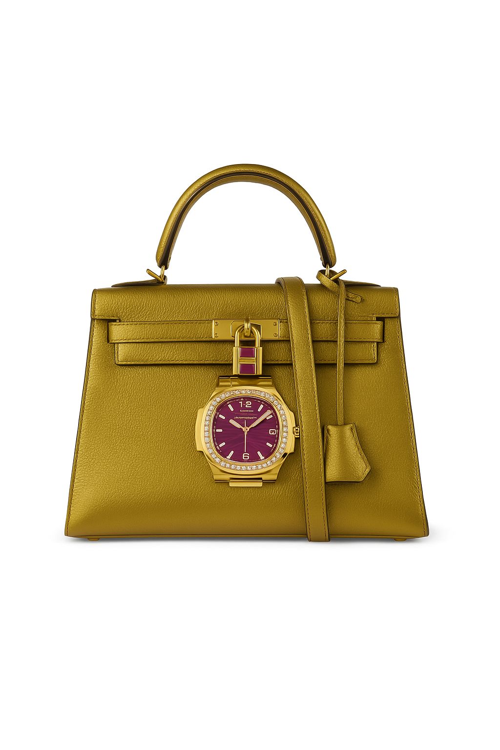 Création artistique unique « Sac en cuir jaune & montre pendentif »